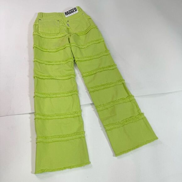 Ragged Lethal Jean Women 24 Green High-Rise Fringed  Wide-Leg Lime Neon festival - Picture 10 of 10